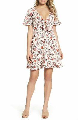 Nsr Tie Front Mini Ruffle Dress Red Floral Print White Summer Dress XL $68 NWT $34.30