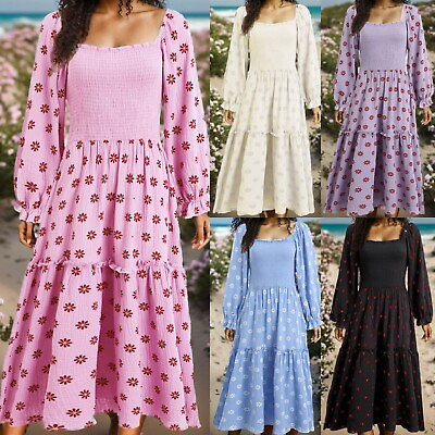 #ad Women 2023 Floral Dress Square Neck Ruffle Swing A Line Maxi Dress Long Sleeve $33.76