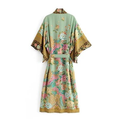 #ad Crane Bird Floral Bat Green Sleeve Boho Kimono Ankle Length Tie Maxi Dress Robe $26.10