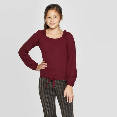 Girls#x27; Long Sleeve Square Neck Tie Top art class Burgundy S Red $7.99