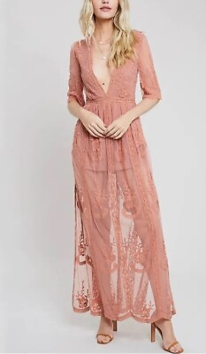 #ad HONEY PUNCH Rose Color Bohemian Embroidered Lace Maxi Dress Size S $49.00