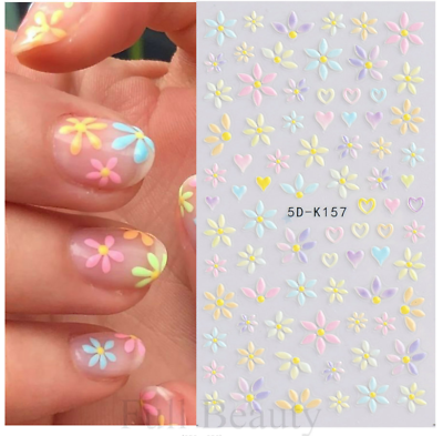 5D Nail Stickers Embossed Daisy Flower Bride Decals Nail Art Decoration DIY K157 $2.95