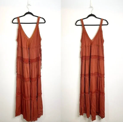 #ad Nostalgia Sleeveless Boho Maxi Dress Size Small Lace Trim Tie Waist Clay Red $13.78