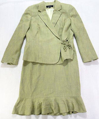 Kasper Green Two Piece Rayon Blend Side Tie Loop Jacket Skirt Suit Set Sz 14 $39.95