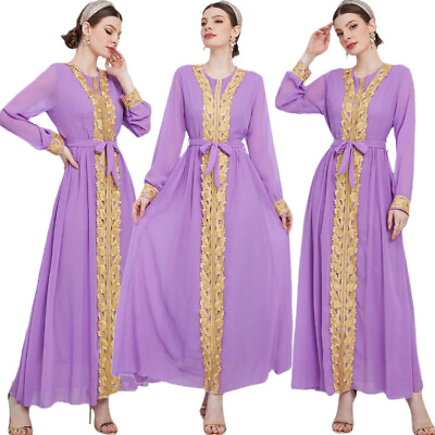#ad Moroccan Women Chiffon Long Sleeve Maxi Dress Muslim Elegant Kaftan Abaya Caftan $34.64