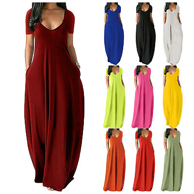 #ad Womens Short Sleeve Maxi Dresses Sundress Ladies Solid Color V Neck Beach Dress $19.18