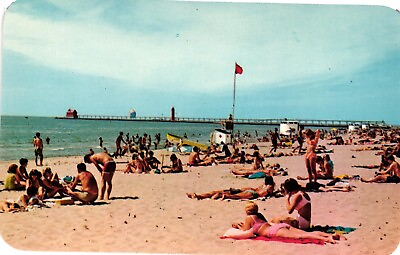 #ad #ad Bikini Girls Beach Scene Grand Haven State Park Michigan C1950 Vtg Postcard $5.18