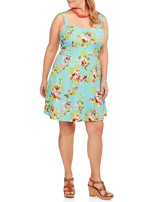 #ad Derek Heart Junior Plus Size 2X Sleeveless Aqua Color Floral Skater Dress NWOT $15.99