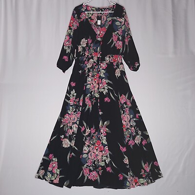 City Chic Maxi Dress 18W Black Dark Floral V Neck 3 4 Puff Sleeve Smocked Waist $49.93