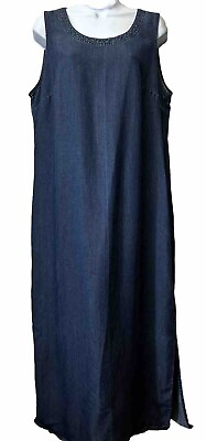 #ad Linden Hill Women#x27;s L Blue Chambray Denim Dress Sleeveless Straight Maxi Slits $25.20