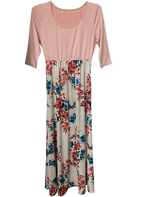 #ad Ladies Maxi Dress Solid Floral 3 4 Sleeve Pockets Round Neck High Waist Preowned $12.78