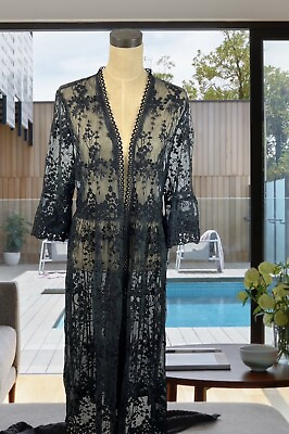 Womens Size L Sheer Black Lace Beach Cover Up Long Duster Jacket Open Tunic Top $29.99