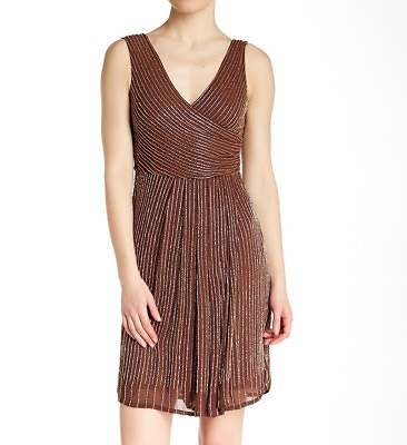 Lotus Threads NWT Dress Womens Brown Beaded Surplice Cross Front Cocktail Size 8 $65.96