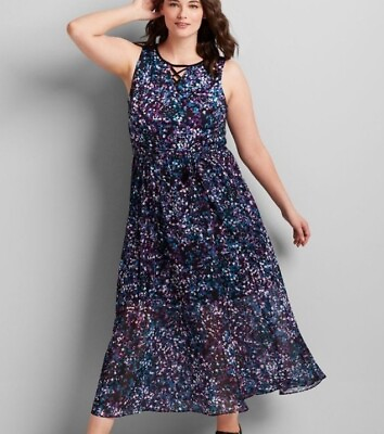 Lane Bryant Dress Maxi Women’s Plus 28 Geo Printed Chiffon Long Sleeveless $37.49