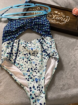 #ad Cutout One piece Swimsuit Blue And White Floral. Sz M $15.00