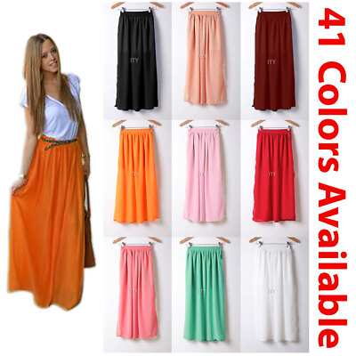 #ad Women Maxi Skirt Double Layer Chiffon Pleated Retro Long Dress Elastic Waist New $15.29
