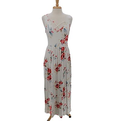 #ad #ad Womens Sleeveless Floral Print Long Maxi Sun Dress Size L Red Blue Pockets $23.45
