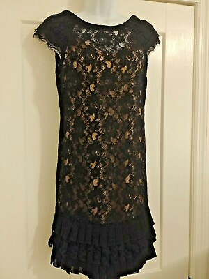 $120 JESSICA SIMPSON 4 Lace Formal Cocktail Black Dress w tan slip Nwot $36.50