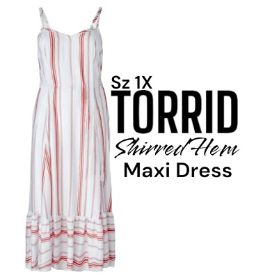 #ad TORRID Sz 1X Red White Stripe Lined Shirred Hem Resort Vacation Boho Maxi Dress $37.77