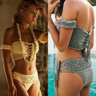 #ad Hand Crochet Bikini Set Festival Tassel Crop Top Women#x27;s Swimsuit Beach Clothing $17.99
