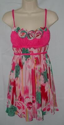 #ad Hot Pink Print Jr Small 3 4 Sleeveless Lined Empire Waist Mini Sun Dress AGGIE $4.75