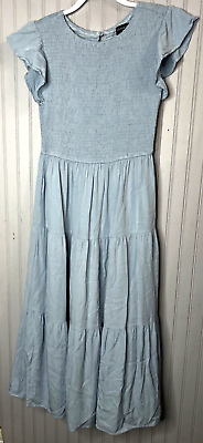 #ad New Boutique Womens DRESS M Boho Blue Smocked Pullover Button Maxi Ruffle $13.79