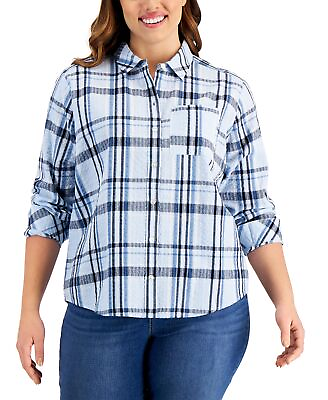 #ad MSRP $45 Style Womens Plus Size Plaid Boyfriend Shirt Blue Size 2X $9.35