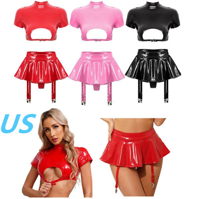 #ad US Womens 2 Piece Lingerie Set Patent Leather Cutout Top With Mini Skirt Outfits $7.69