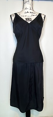 #ad Vtg. Sears Size Med Satin 2 Piece Slip Set Black Cami Skirt Lingerie Pin Up $22.00