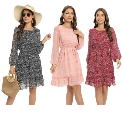 #ad #ad Women Floral Boho Summer Beach Dress Short Sleeve Round Neck Midi Sundress S 2XL $11.62
