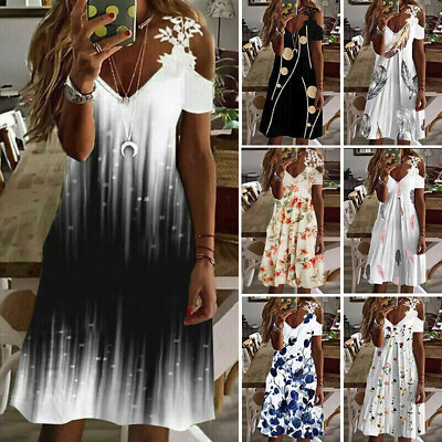 #ad #ad Summer Dresses for Women Ladies Floral V Neck Beach Strappy Boho Dress Plus Size $13.99