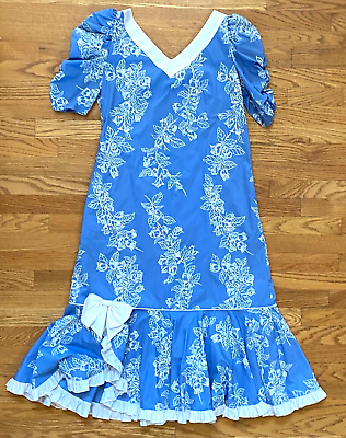 #ad Vintage Hilo Hattie White Floral Blue Hawaiian Maxi Dress 16 Hawaii Ruffle Bow $65.00