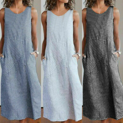 #ad #ad UK Womens Striped Summer Cotton Linen Long Dress Ladies Kaftan Casual Maxi Dress $28.27