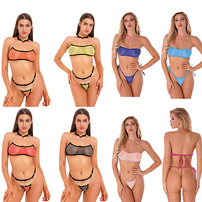 #ad Women Bikini Set See through Sheer Mesh Tops with Extreme Micro Thongs Swimsuit $8.04