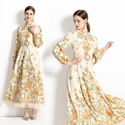 #ad Spring Summer Fall Floral Print Collar Long Sleeve Women Casual Party Maxi Dress $39.99