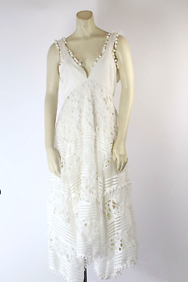 #ad White Sleeveless Wide Strap V Neck Lace Maxi Boho Long Dress Size S $49.99