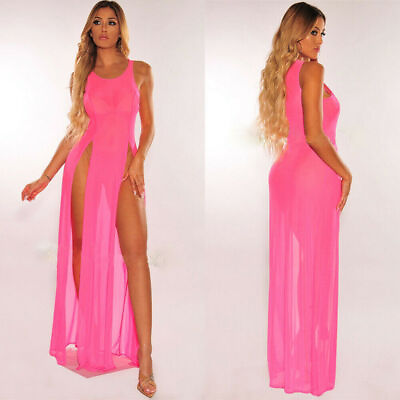 #ad Summer Women See Through Sleeveless High Slit Dress Maxi Long Beach Cover Up $14.55