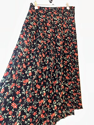 Pleated Vintage Skirt Long Black Floral Pockets Size 14 16 Gypsy Bohemian Boho GBP 15.99