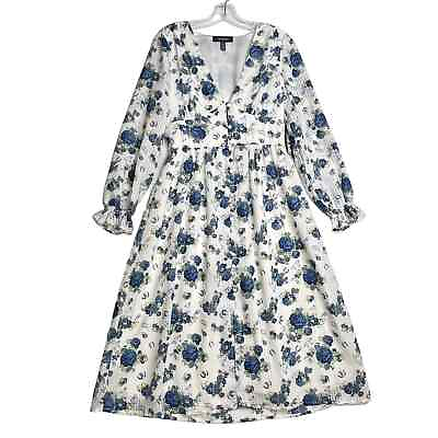 #ad ModCloth Long Sleeve V Neck Floral Maxi Dress White Blue Womens Medium $39.20