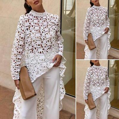 #ad Women Asymmetric Long Sleeves Maxi Shirts Casual Hollow Out Blouse Tops Fashion $27.25