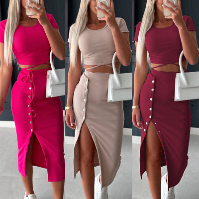 #ad Women Midi Skirt Crop Top Two Piece Set Dress Ladies Party Bodycon Co ord Suit $7.32
