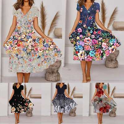 #ad Women#x27;s Floral V Neck Midi Dress Ladies Boho Holiday Beach Party Swing Sundress C $21.03