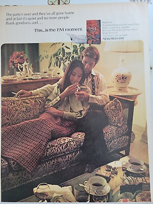 #ad 1971 party over Lamp;M cigarettes young couple smoking floral sofa vintage ad $9.99