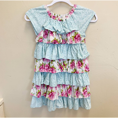 #ad Little Girls Blue Pink Floral Ruffle Tiered Cotton Tee Shirt Dress No Tags $35.00