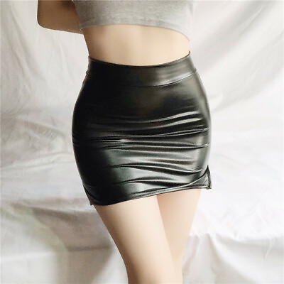 Womens Sexy PU Leather Slit Mini Skirt High Waist Tight Stretch Wet Look Skirts $9.89
