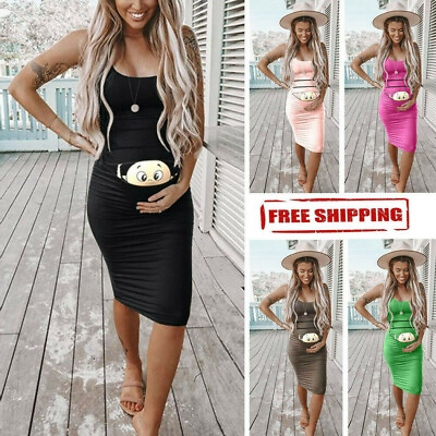 #ad Women Fashion Cute Baby Printed Pregnant Summer Sleeveless Party Maternity Dress $18.99