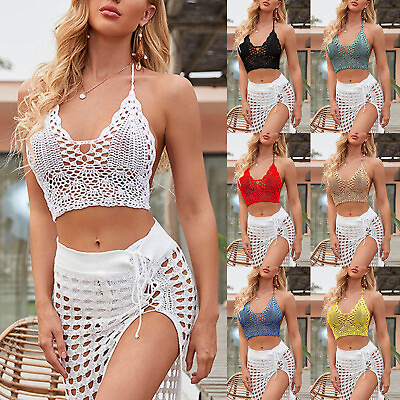 Skirt Swim Cover up Women Casual Solid Color Beach Style Hollow Woven Bikini $11.79