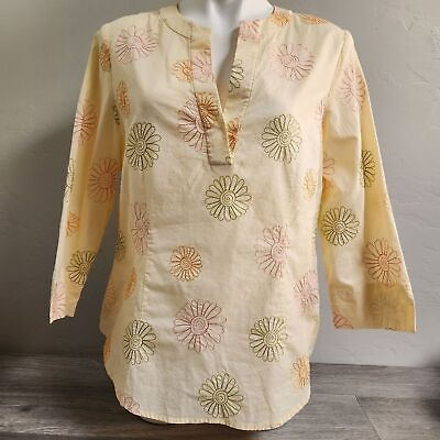 #ad Talbots Cream Top L Embroidered Floral Detail V Neck Lagenlook Boho 3 4 Sleeve $19.49