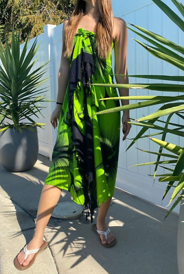 #ad #ad Lime Green Black Hibiscus Sarong Hawaiian Pareo Beach Cover up Wrap Skirt Dress $15.79