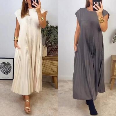 #ad New Holiday Pocket Maxi Size A line Plus Dresses Summer Sleeveless Pleated Dress $31.88